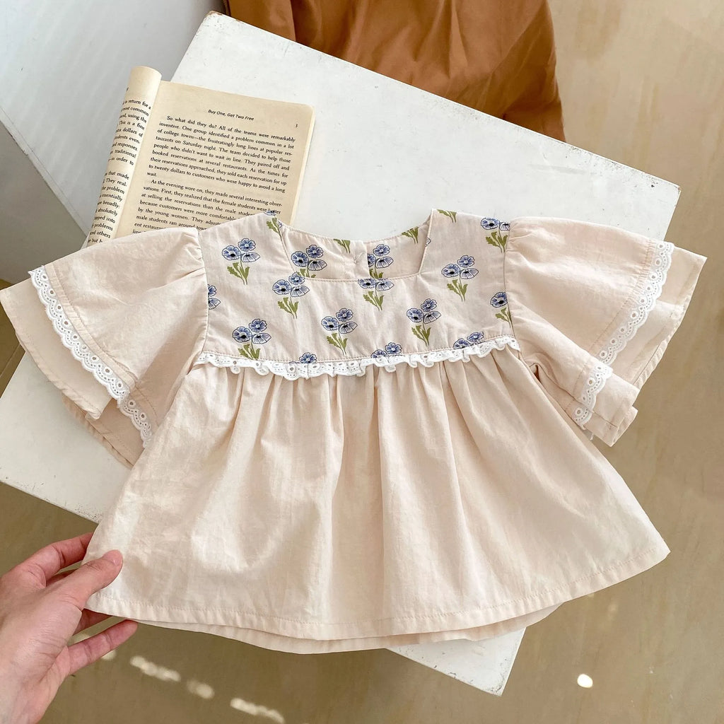 Apricot floral cotton two-piece suit for baby girls with horn puff short sleeves and square collar