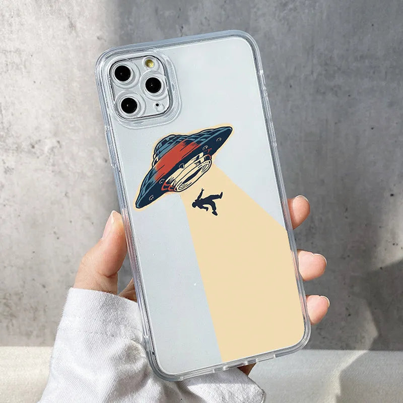Transparent TPU phone case with UFO astronaut graphic for Apple iPhone