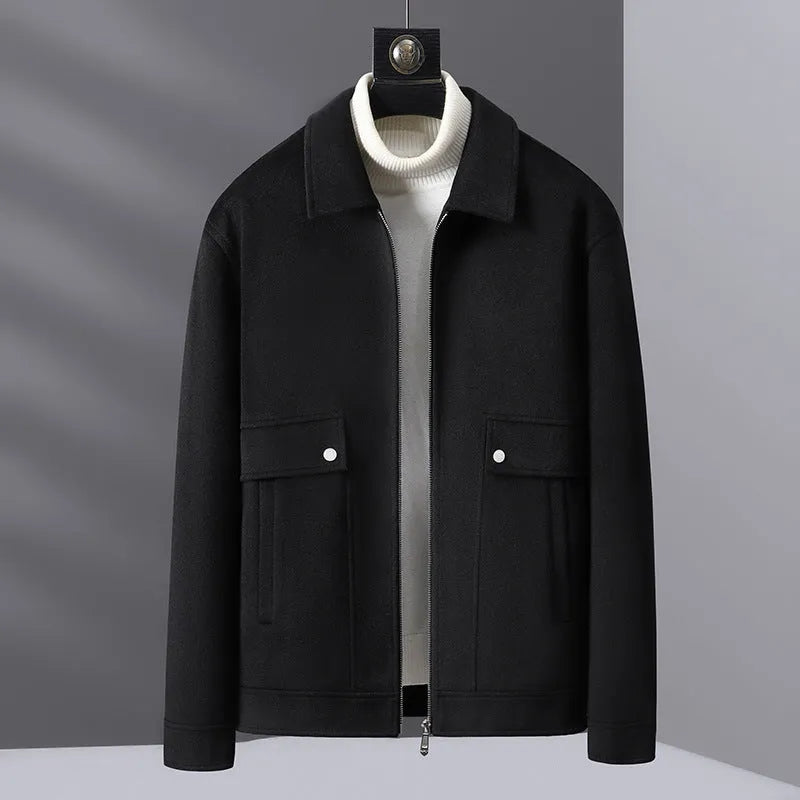 Men's knitted polo collar jacket in blue gray, camel or black, long sleeve polyester top, sizes M to 3XL