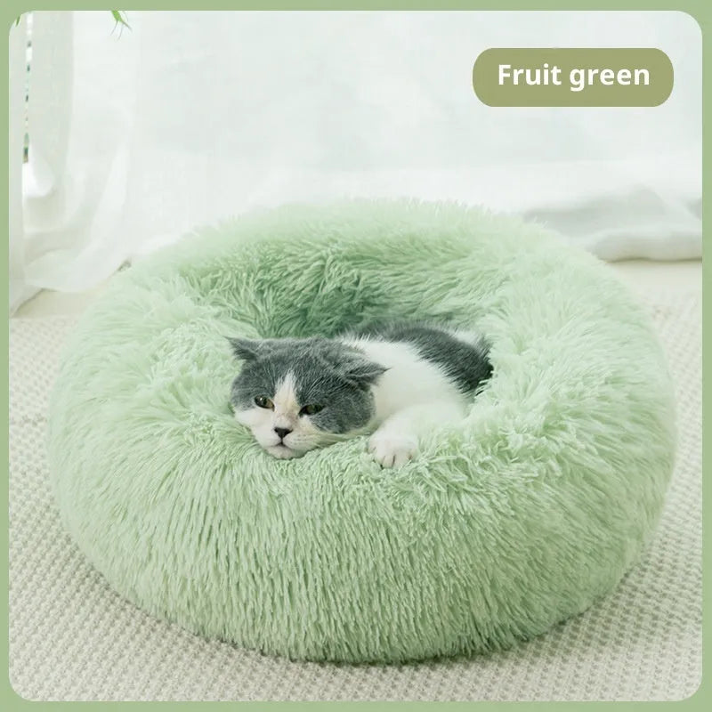 Plush fabric pet bed in round shape for dogs and cats multiple sizes and colours