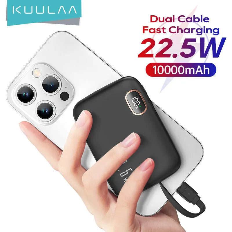 PD22.5W fast charging power bank with digital display, 10000mAh, black plastic shell, includes cable