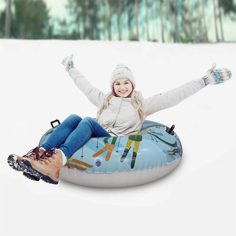 A thick PVC winter ski ring for sledding, available in flame red, ice-snow blue, or snow mountain printed designs.