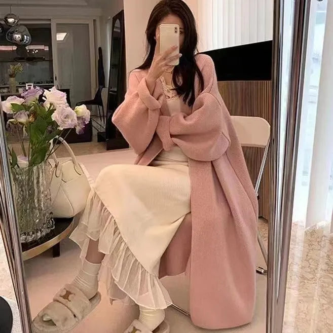 Women's loose knitted cardigan coat with long sleeves and splicing, free size, in black, apricot, pink, brown or camel