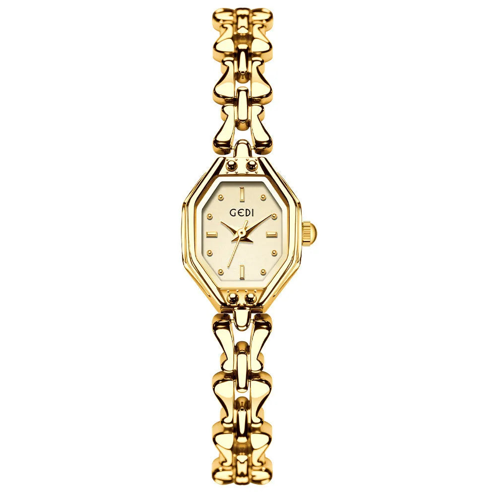 Luxury retro octagonal women's quartz watch in steel gold with 17.5mm dial, mineral glass, and alloy strap