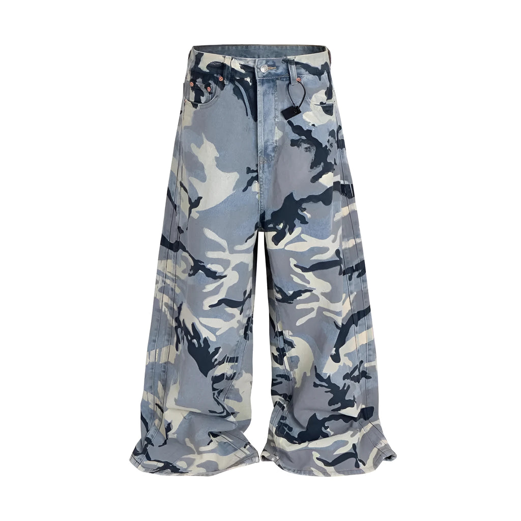 Snow camouflage blue loose fit jeans with mid waist on a hanger