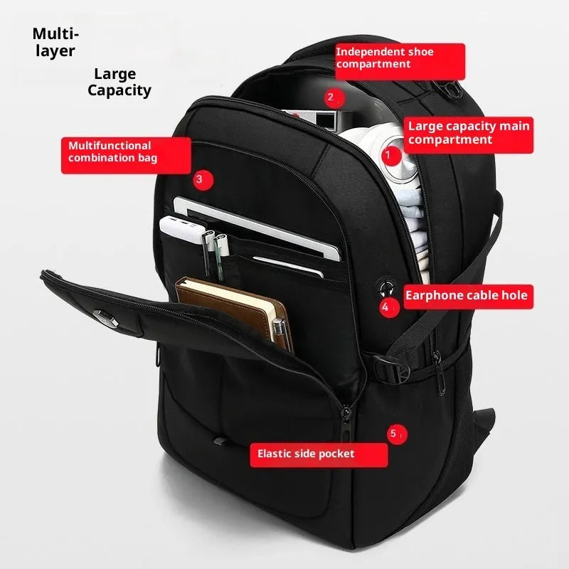 Outdoor men's casual sports backpack in black Oxford cloth with stitching detail and curved shoulder strap