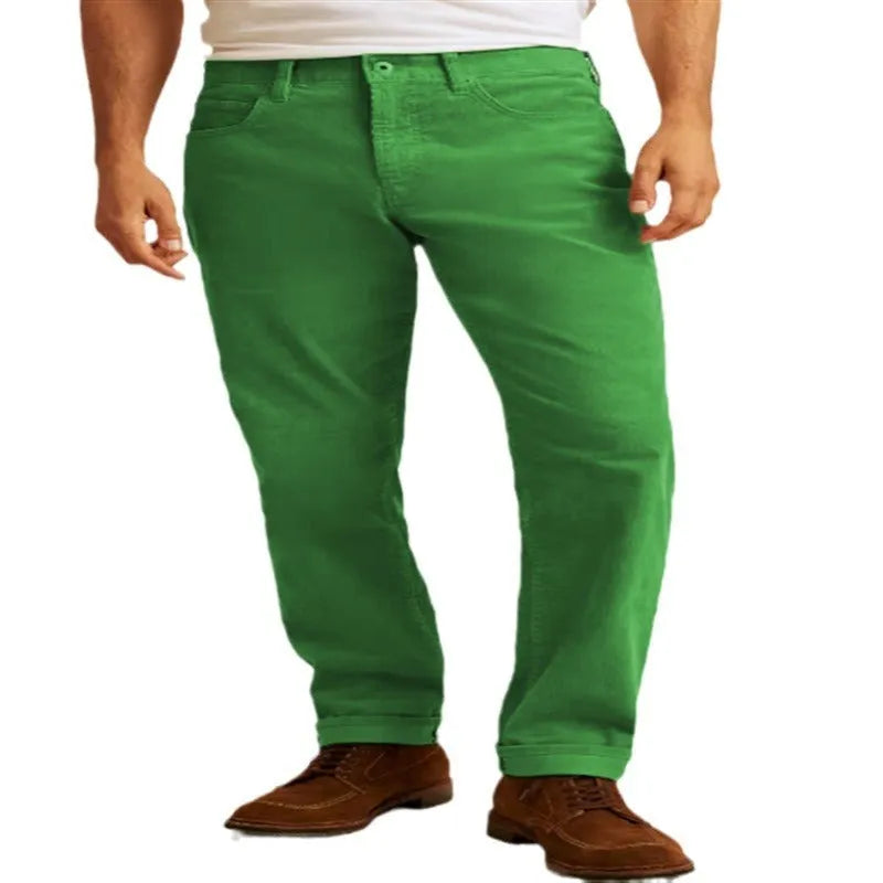 Corduroy straight-leg casual trousers in solid colours with mid waist and zip fly