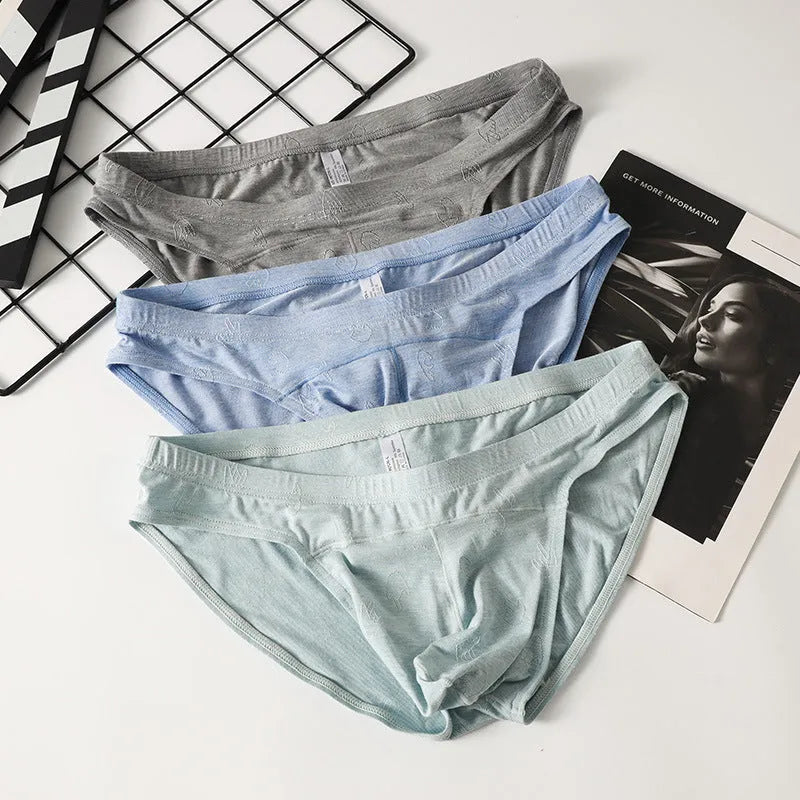 Women's low waist modal briefs with jacquard ice silk texture in dark grey, green, sky blue, pink, or colourful blue.