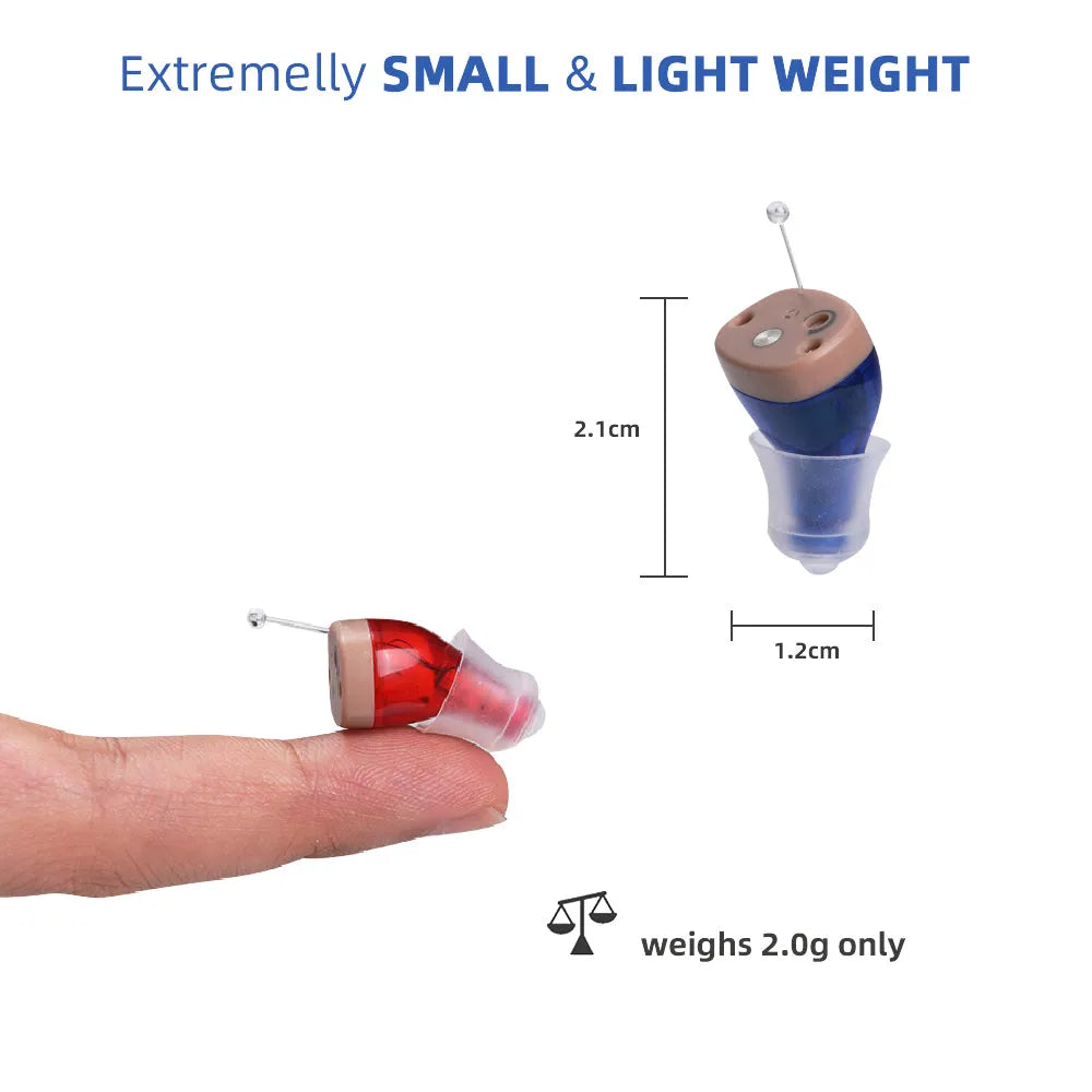 Rechargeable hearing amplifier in beige skin-coloured design with portable charging case and accessories