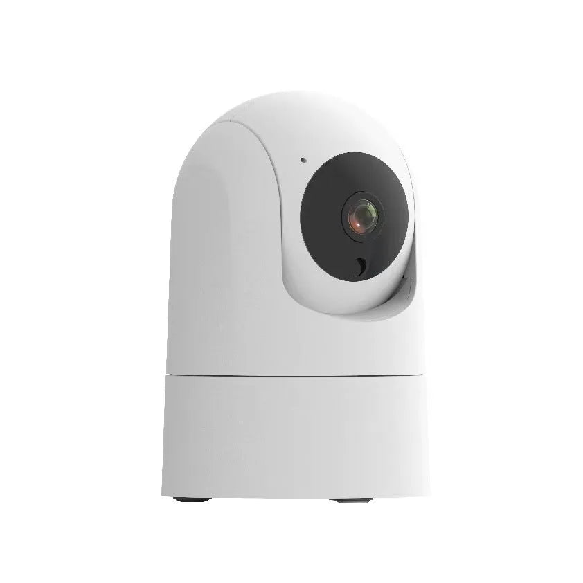 White indoor security camera on a shelf with 1080p HD, two-way audio, and dual-band Wi-Fi.