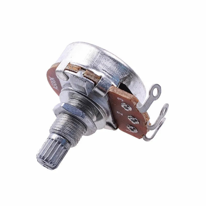 A single silver metal potentiometer knob for an electric guitar's tone or volume control.