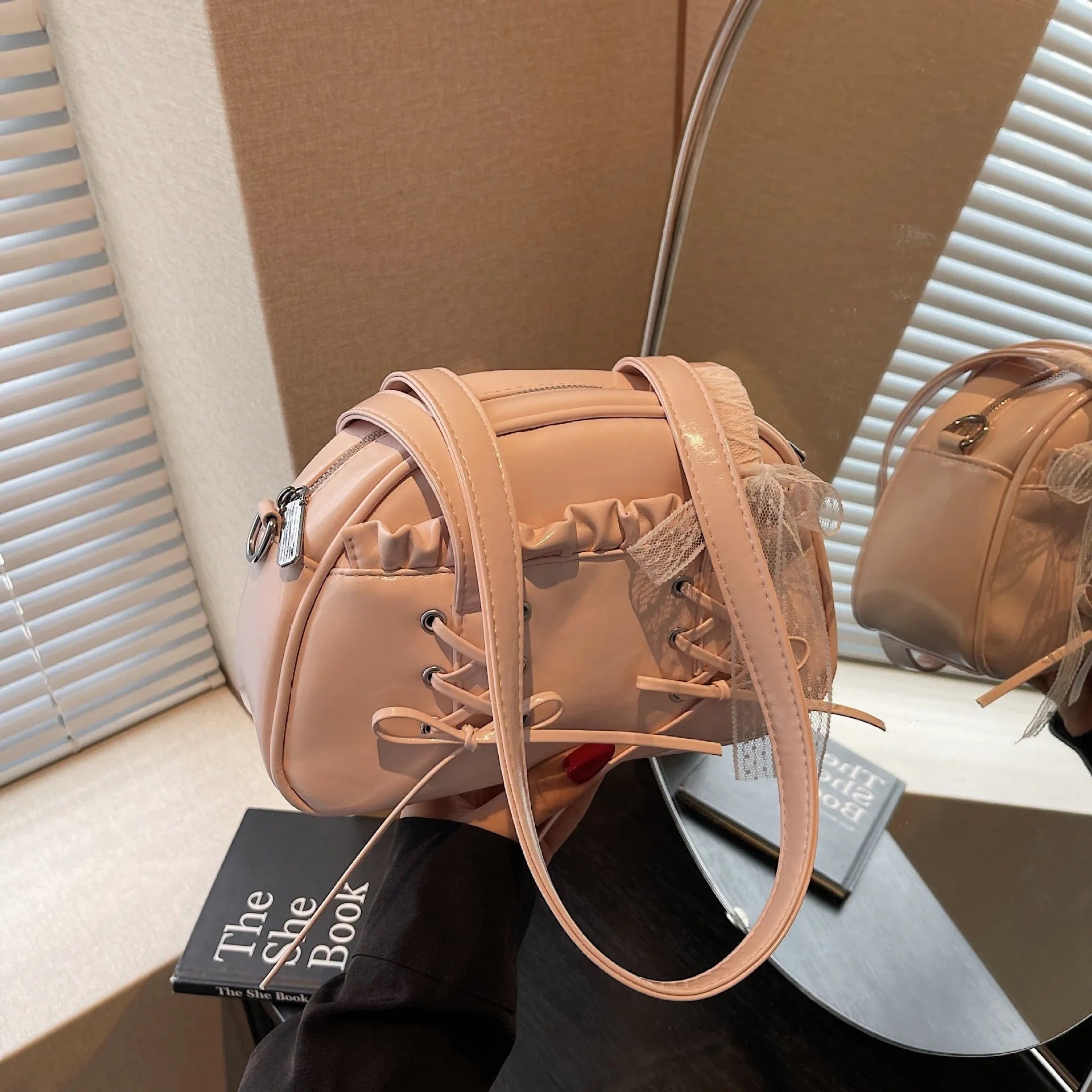 Women's PU leather shoulder handbag with removable bandage bow and phone compartment in milky white
