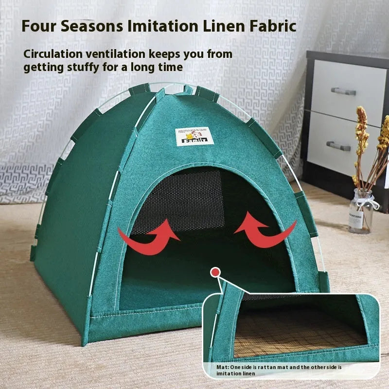 Washable pet tent bed for small dogs and cats in linen-like fabric, shown in grey colour.