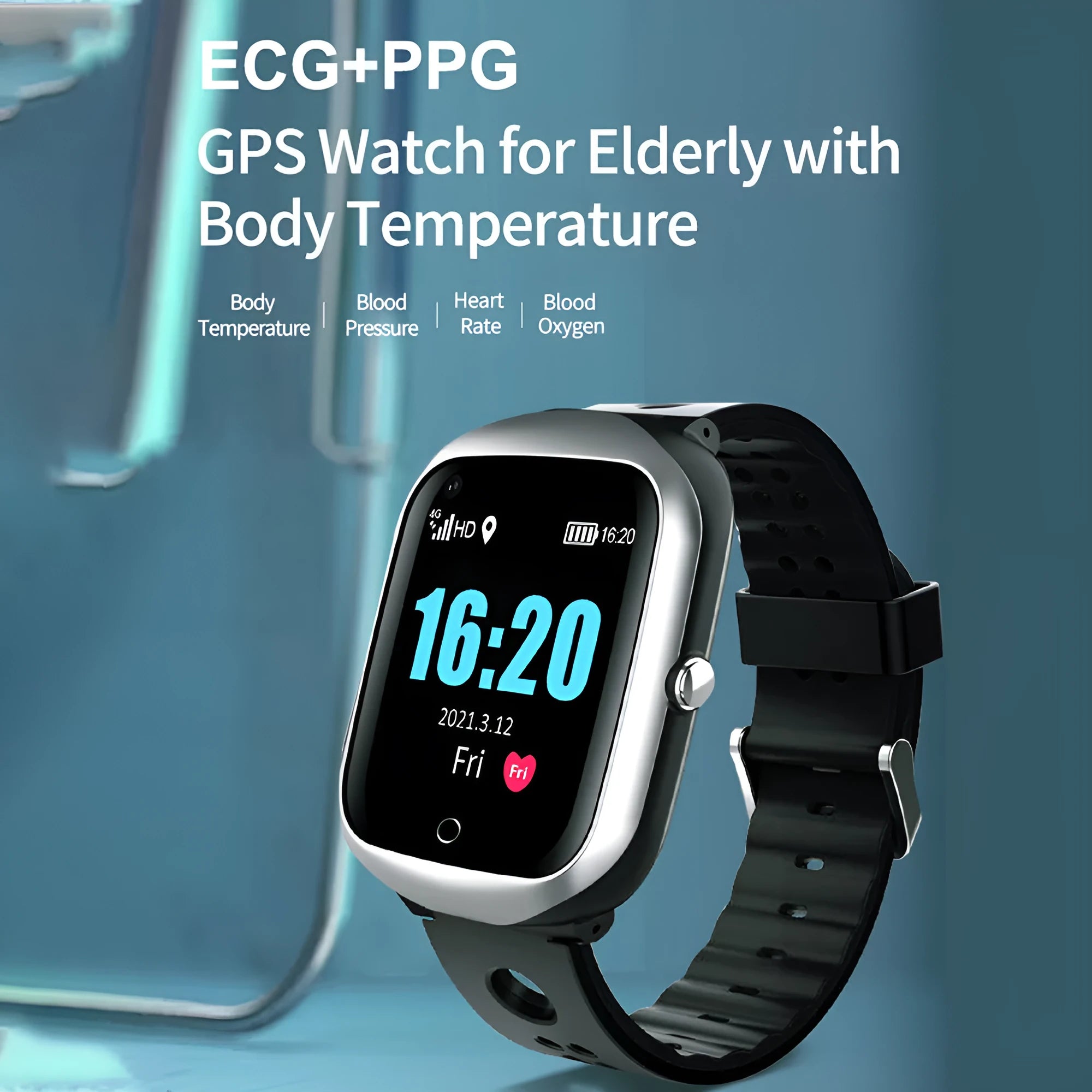 Square black elderly smartwatch with silicone strap showing time on its 1.3-inch screen.