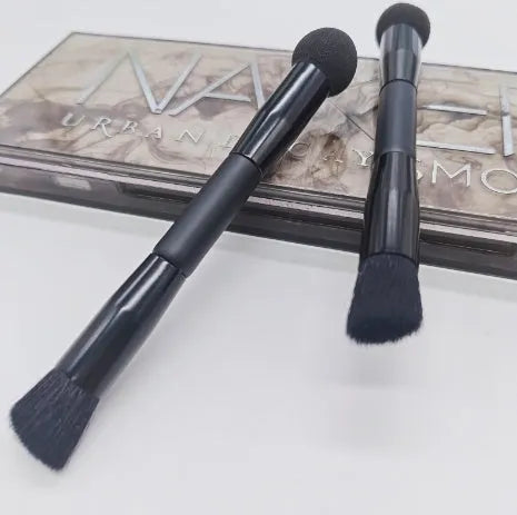 Double-headed miter sponge concealer makeup brush with black wooden handle
