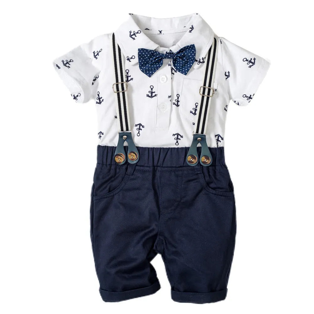 Baby boy wearing cotton gentleman print romper with triangle climbing design in blue colour