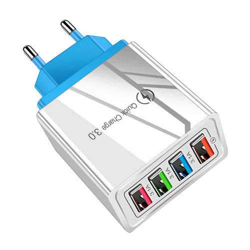 Four-port USB wall charger with international plug options in black, blue, red, orange, and grey colour variations