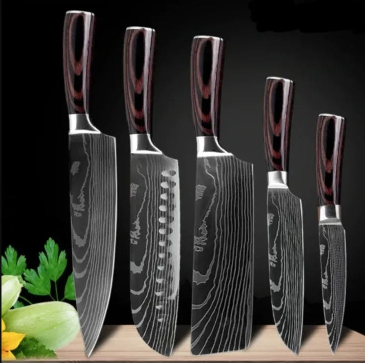 7Cr17 stainless steel kitchen knife with laser Damascus pattern on blade and colour steel handle.
