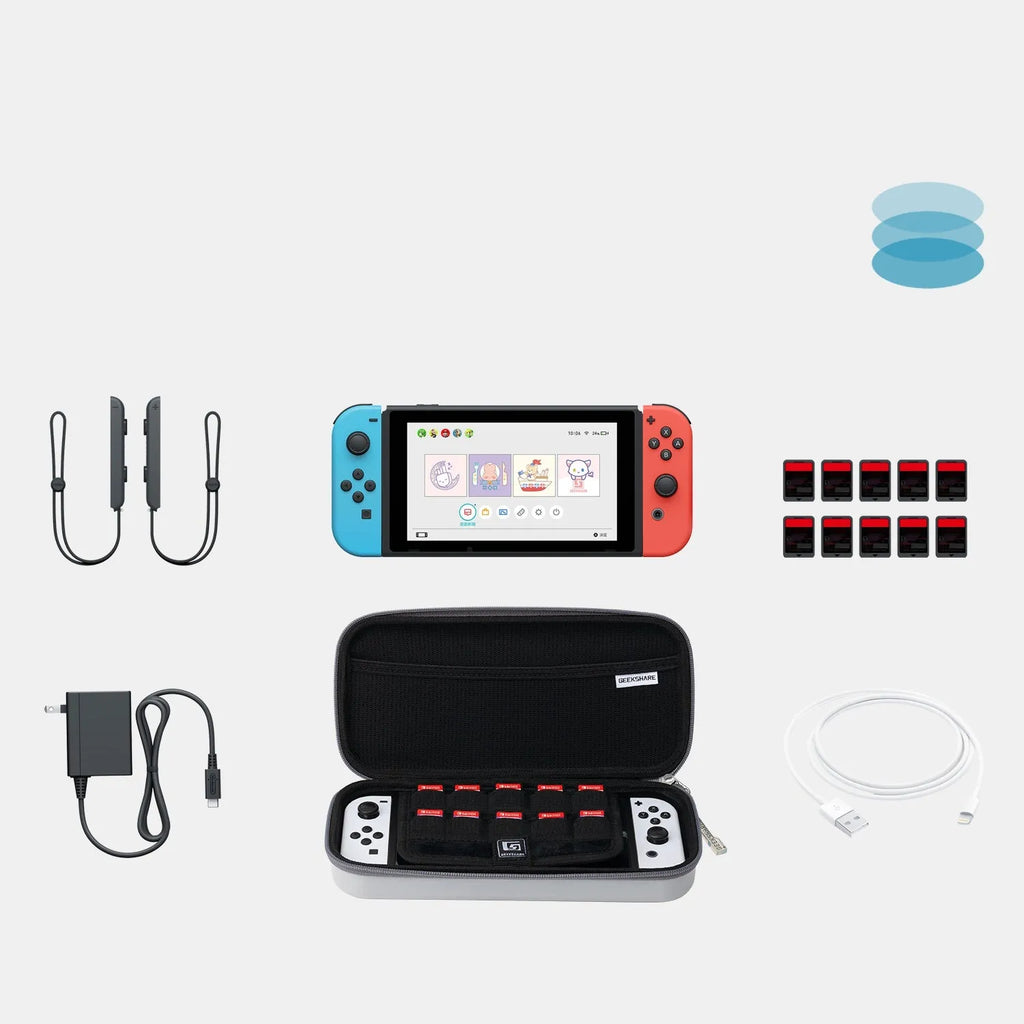 Nintendo Switch OLED portable storage handbag in black showing console and game cartridge organisation