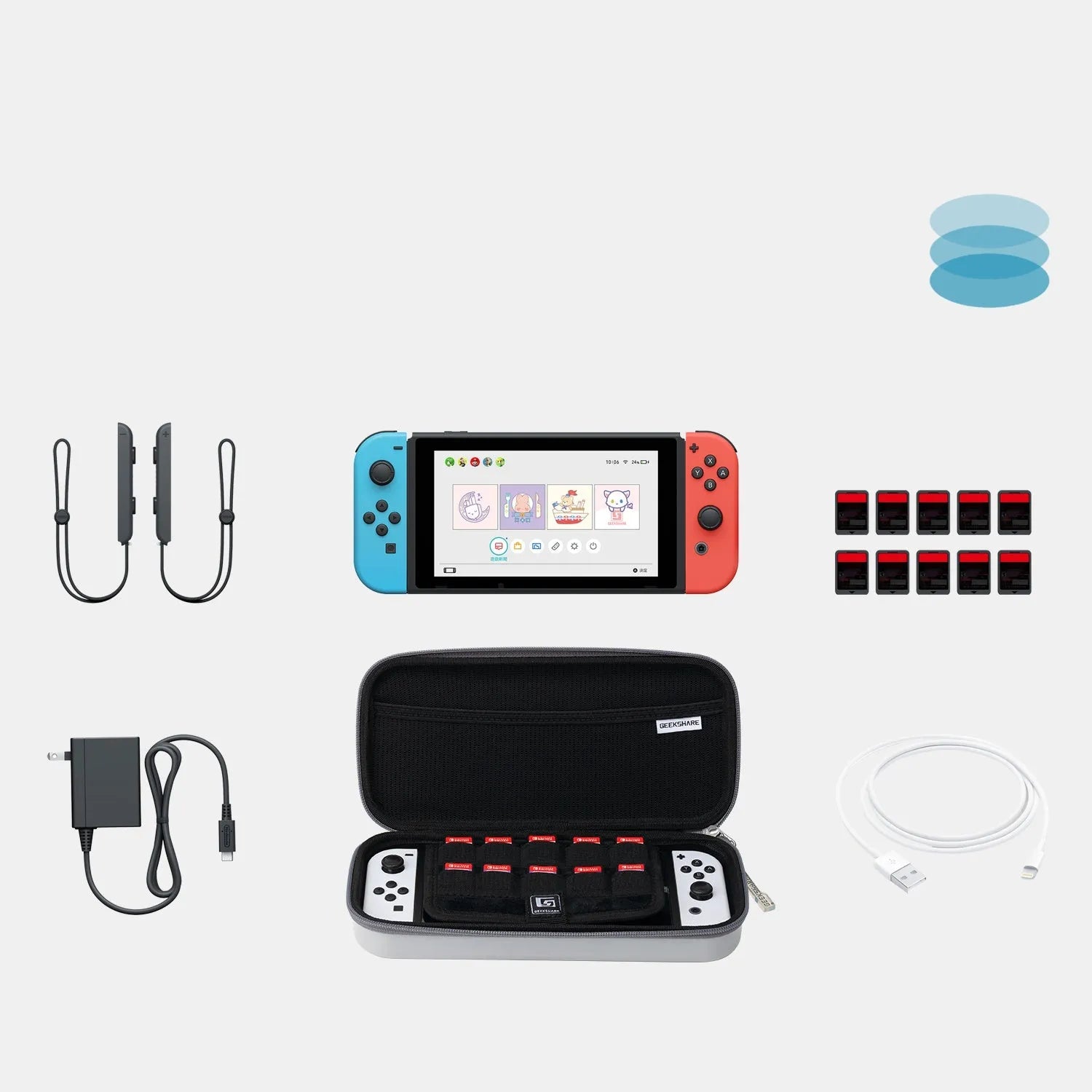 Nintendo Switch OLED portable storage handbag in black showing console and game cartridge organisation