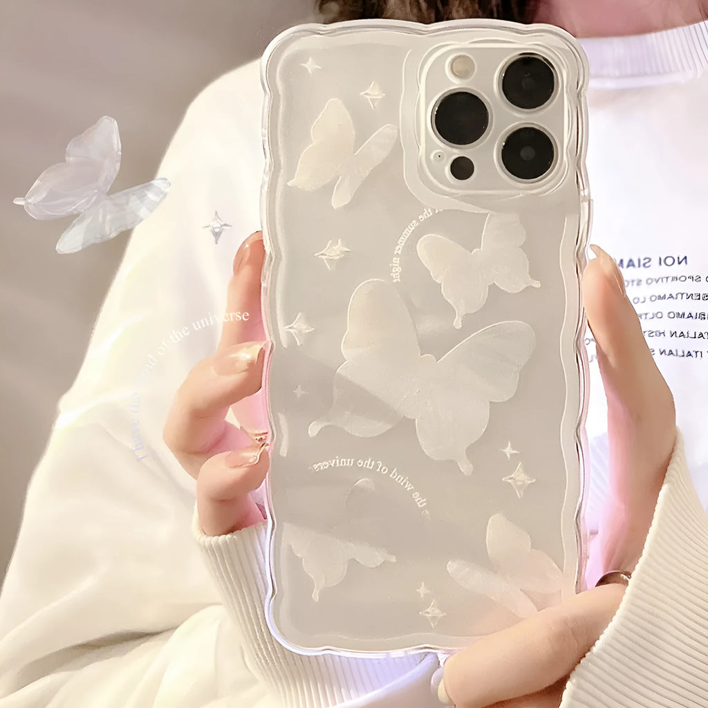 Simple butterfly transparent TPU phone case for iPhone 12-15, white crystal butterfly design