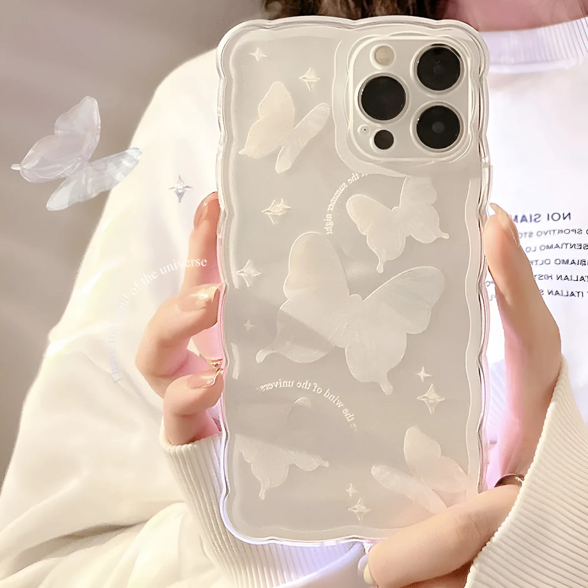 Simple butterfly transparent TPU phone case for iPhone 12-15, white crystal butterfly design