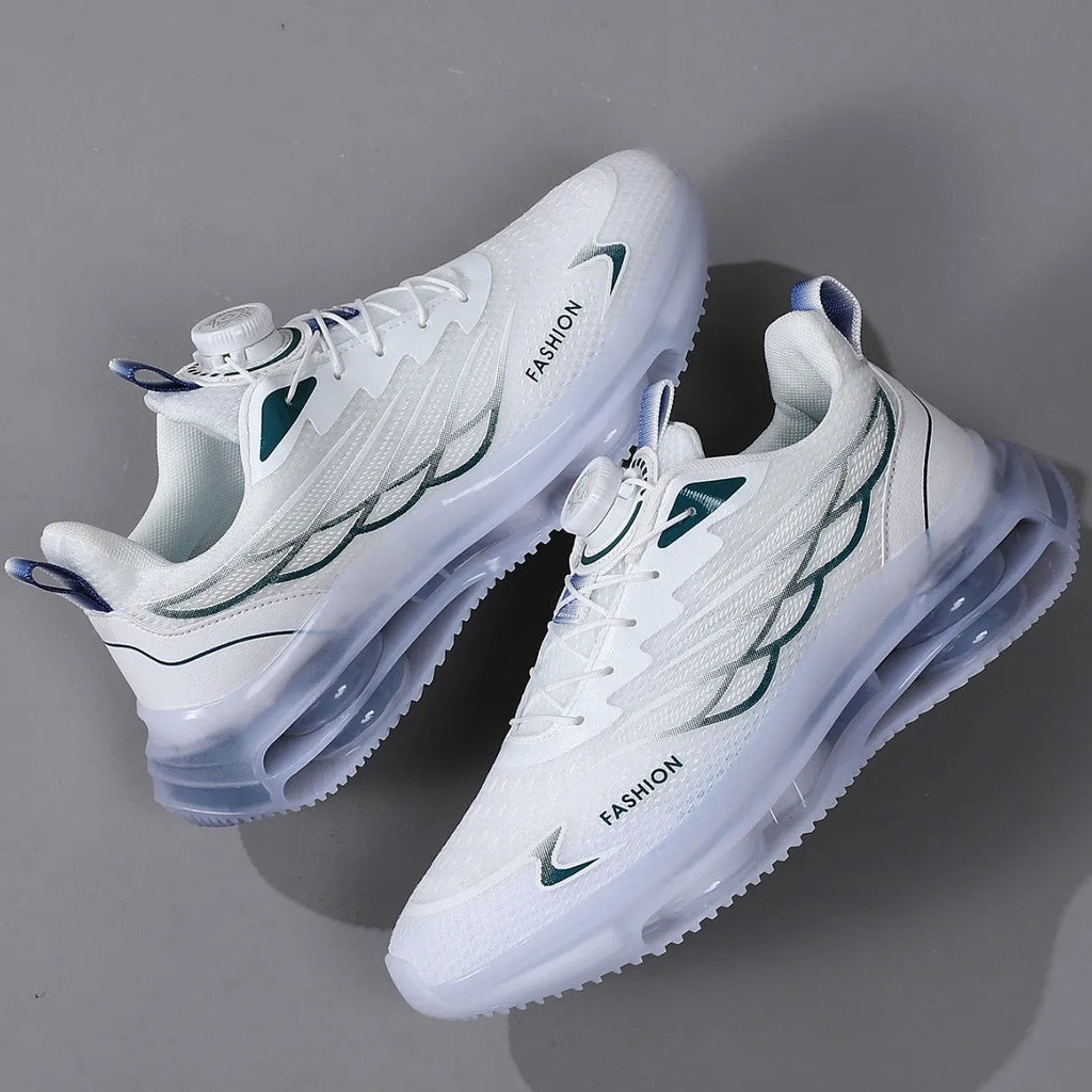 White Korean style mesh casual running shoes with round toe and lace-up closure
