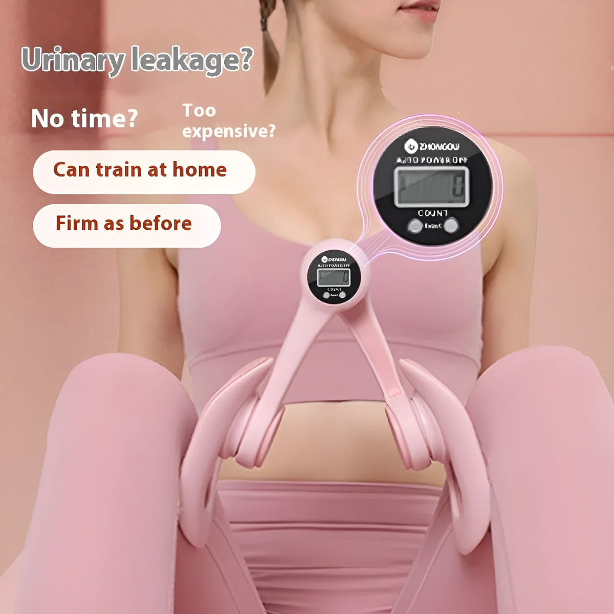 Pelvic floor muscle trainer leg clamp in blue and pink for running and yoga fitness