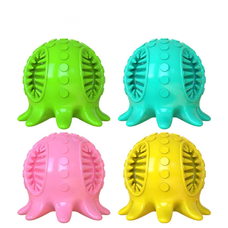Small octopus dog chew toy in blue, green, pink, or yellow with sound for teeth cleaning and play.