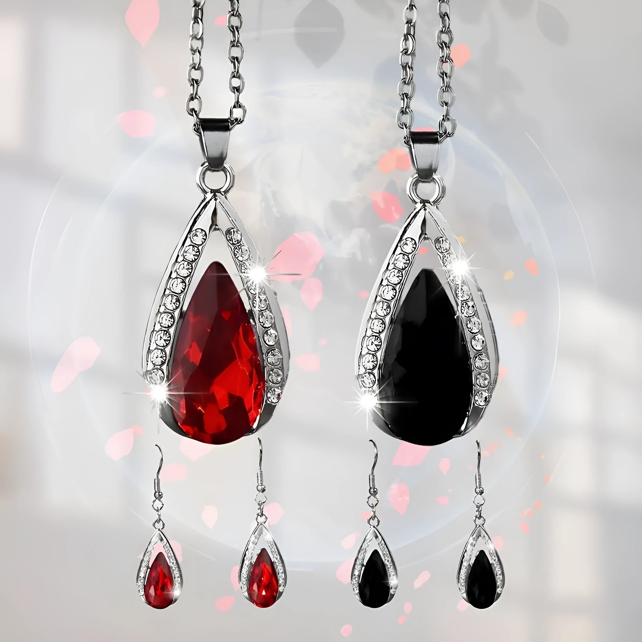 Black and red alloy necklace and earrings set with matching teardrop pendant and droplet earrings.