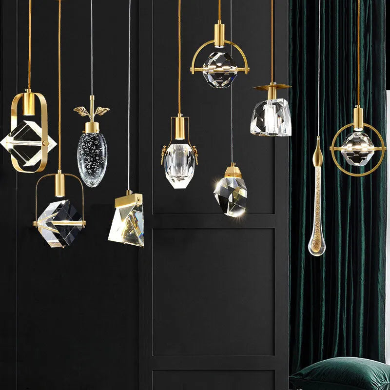Copper crystal bedside pendant light, 11cm diameter, 25cm height, E14 warm light, 220V, H65 brass or wrought iron style