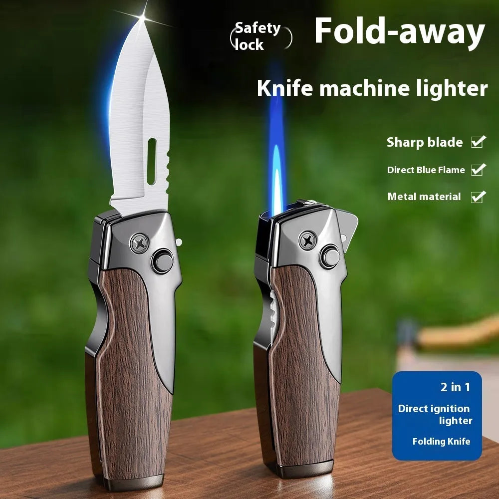 Metal folding lighter tool with integrated knife, shown in a selection of carbon fibre, camouflage, and wood grain finishes.