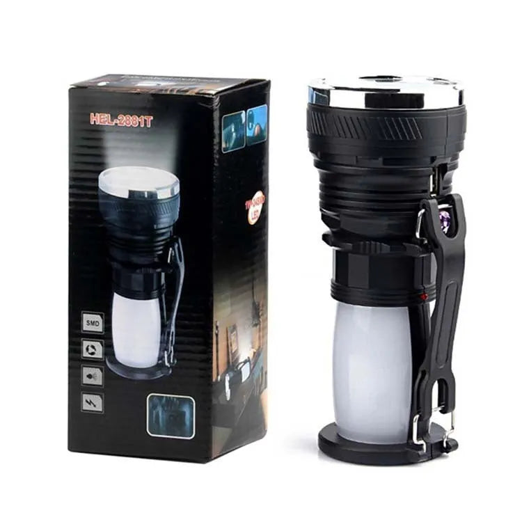 Black solar-powered LED emergency flashlight with USB charging port.
