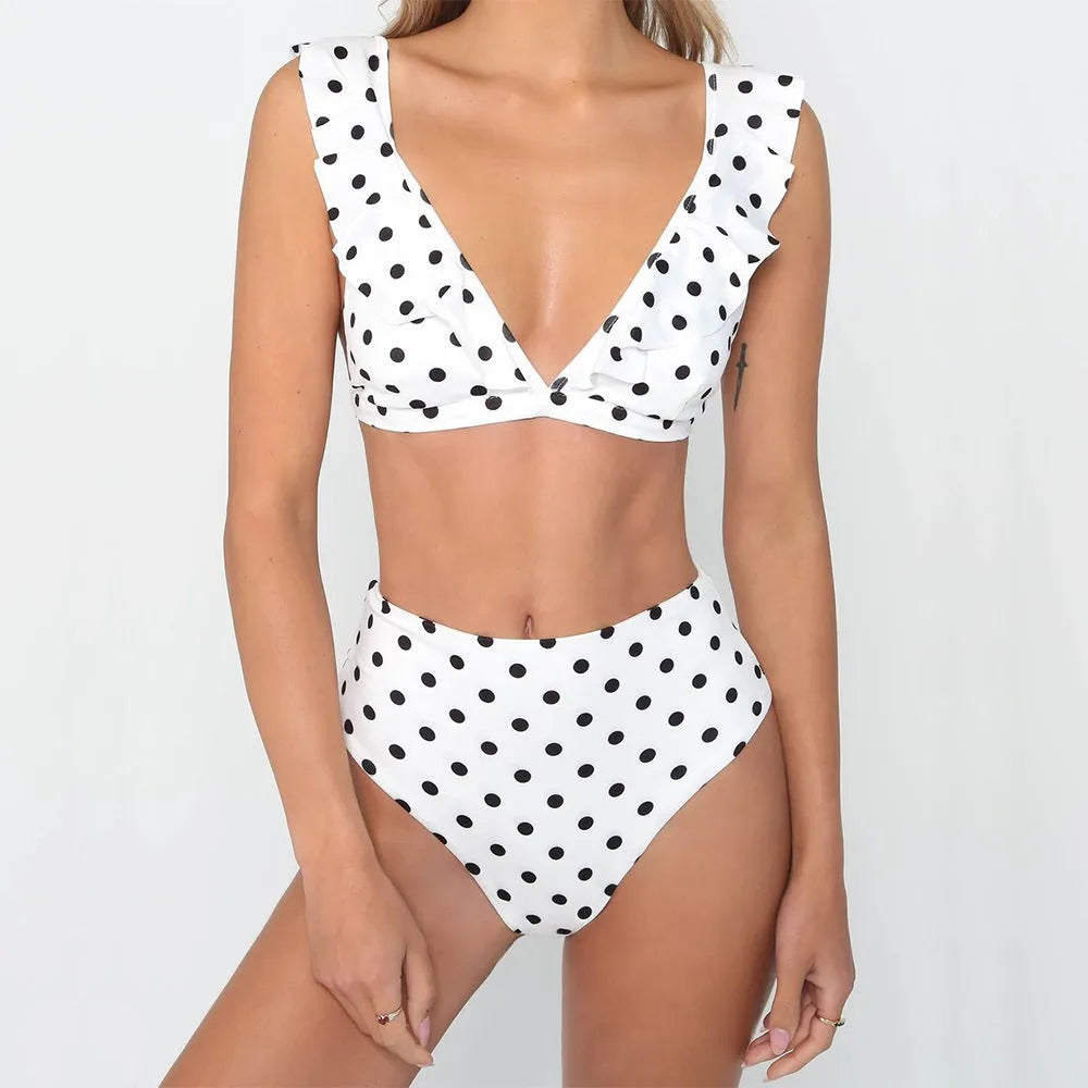 Women's polka dot print ruffled bikini set with deep V-neck top
