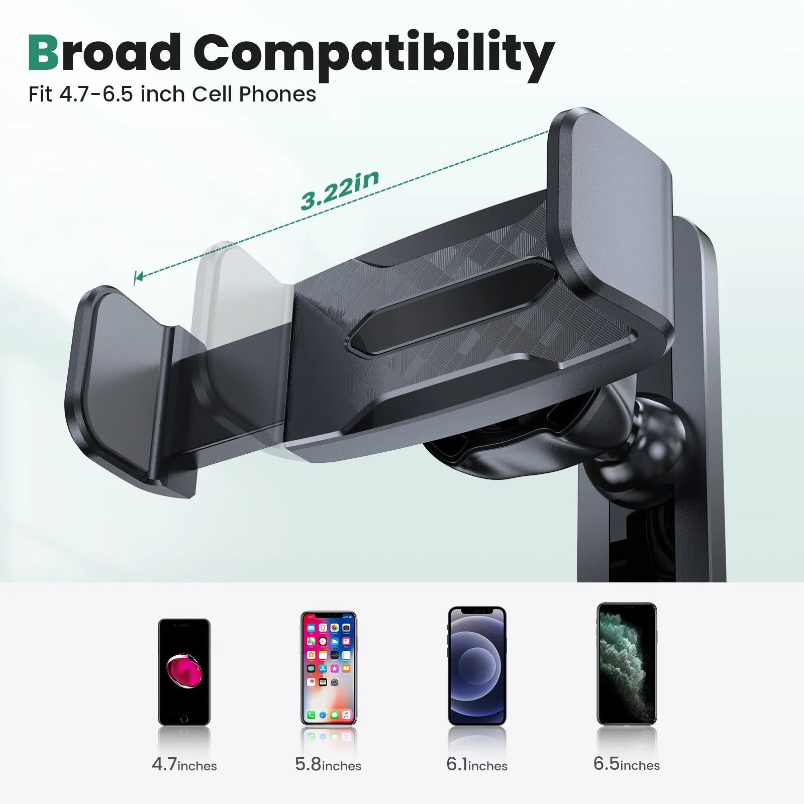 Black ABS silicone car phone holder bracket with 360 rotation and 8 strong magnets on a curved dashboard