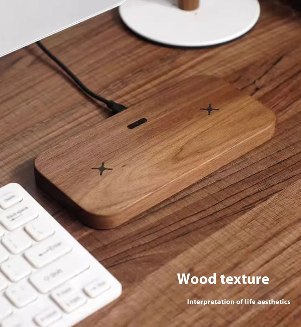 Walnut flat wireless charger dual charge pad for phone and earphone with foreign object detection