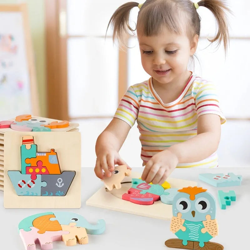 Wooden children's puzzle building block toy measuring 15 x 15cm, featuring an excavator design for infant learning