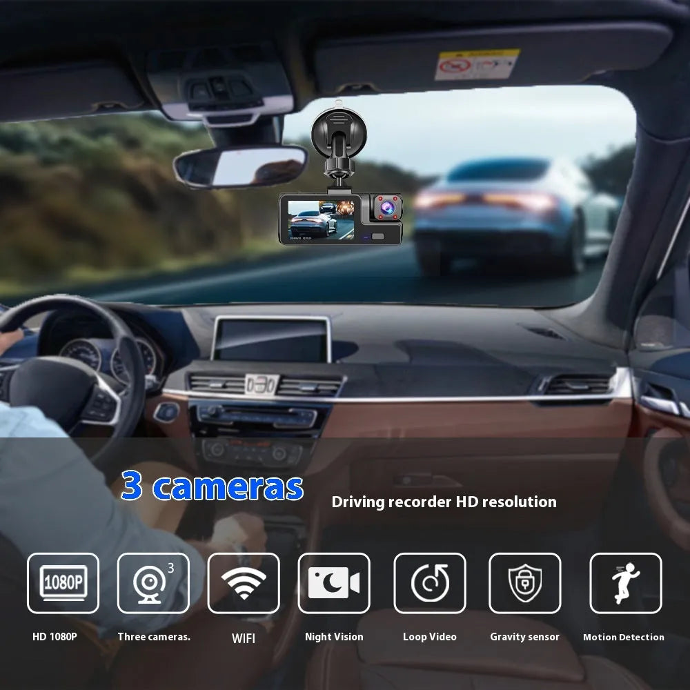 Black WiFi dash cam with 2-inch screen mounted on car windscreen, showing live rear camera view for parking.