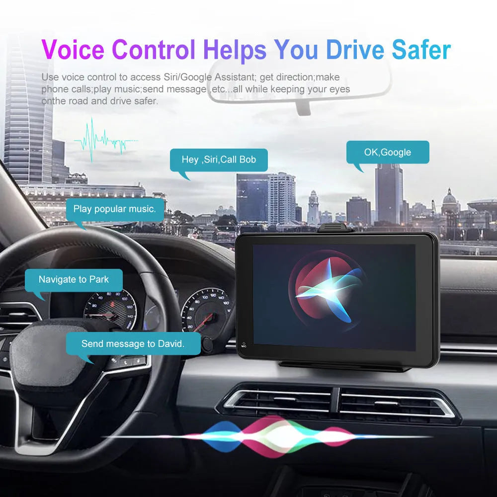 7-inch HD wired car multimedia player with universal mounting supports on a dashboard.