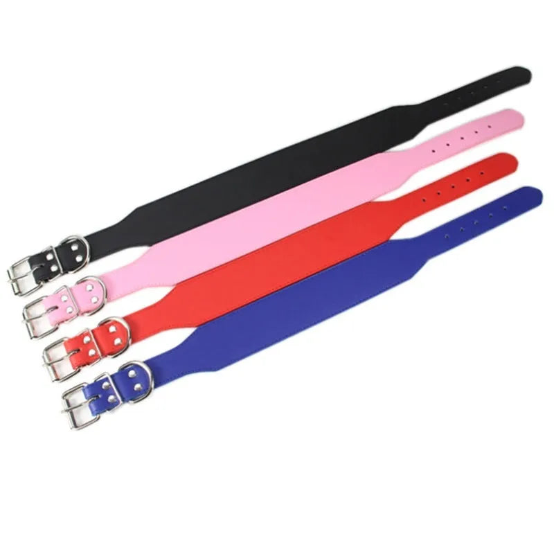Fish-shaped leather dog collar for large dogs in assorted colours on a white background.