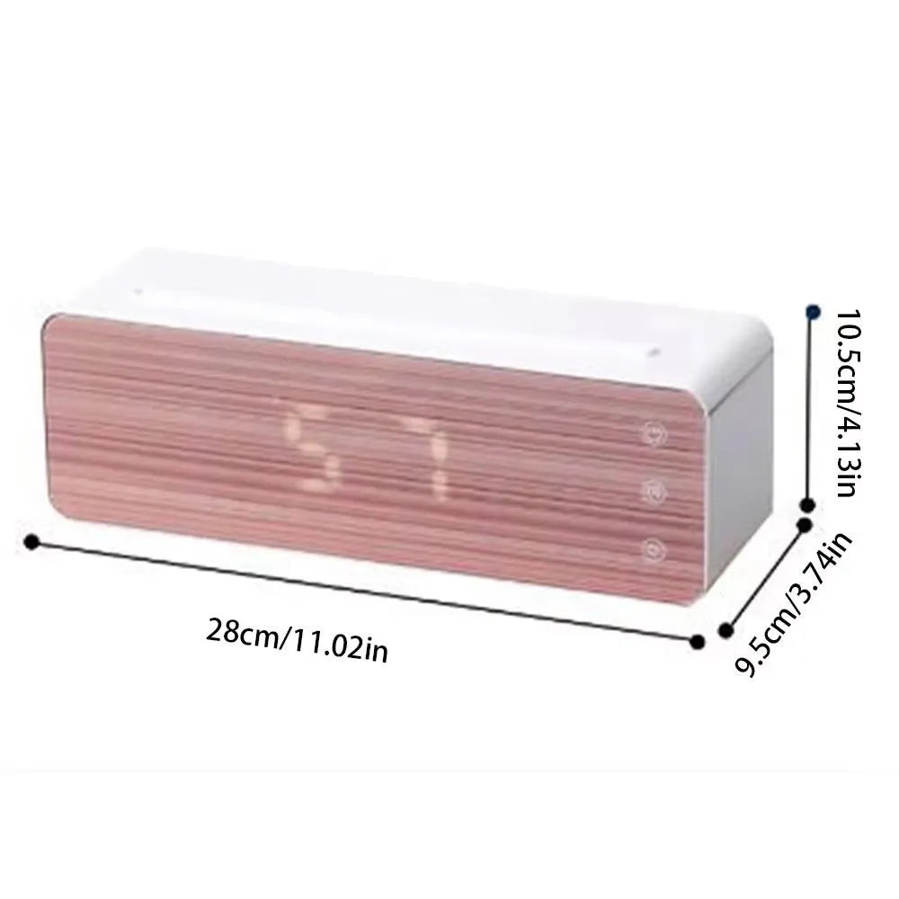 White ABS flame humidifier with wood grain panel, clock and humidity display, 280 x 85 x 95 mm