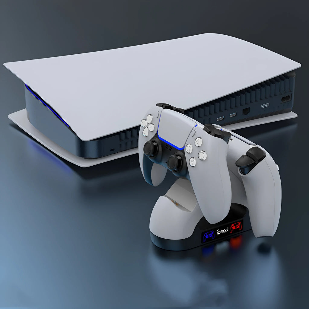 PS5 gamepad charger contact type double seat in black and white with two controllers docked showing charging status