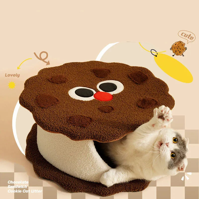 Khaki coloured sandwich cookie shaped enclosed cat nest bed with removable cushion for indoor winter sleeping
