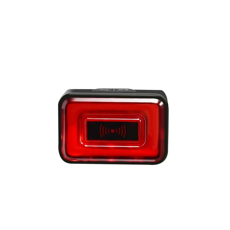 Smart radar bicycle taillight with double mounting bracket on a bike seat post, showing compact black design.