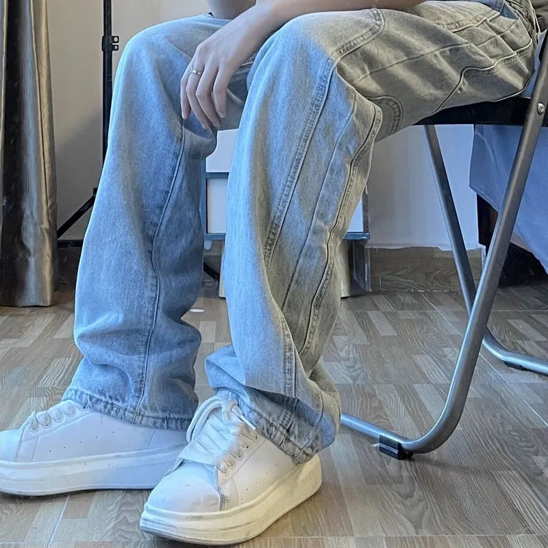 National Tide straight retro wash blue jeans for men and women, loose fit middle waist denim trousers