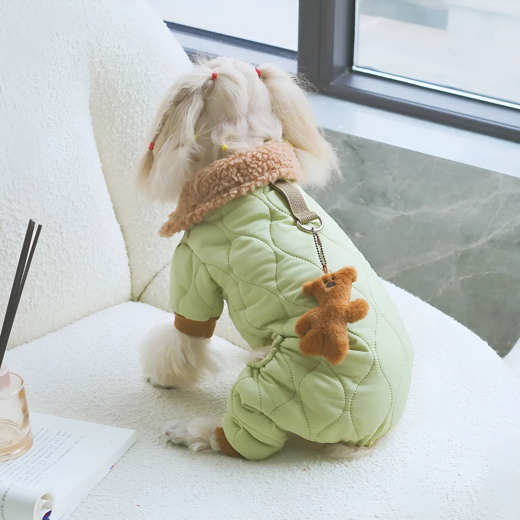 Light green cotton dog top with toy bear pendant on extra thick band, casual style