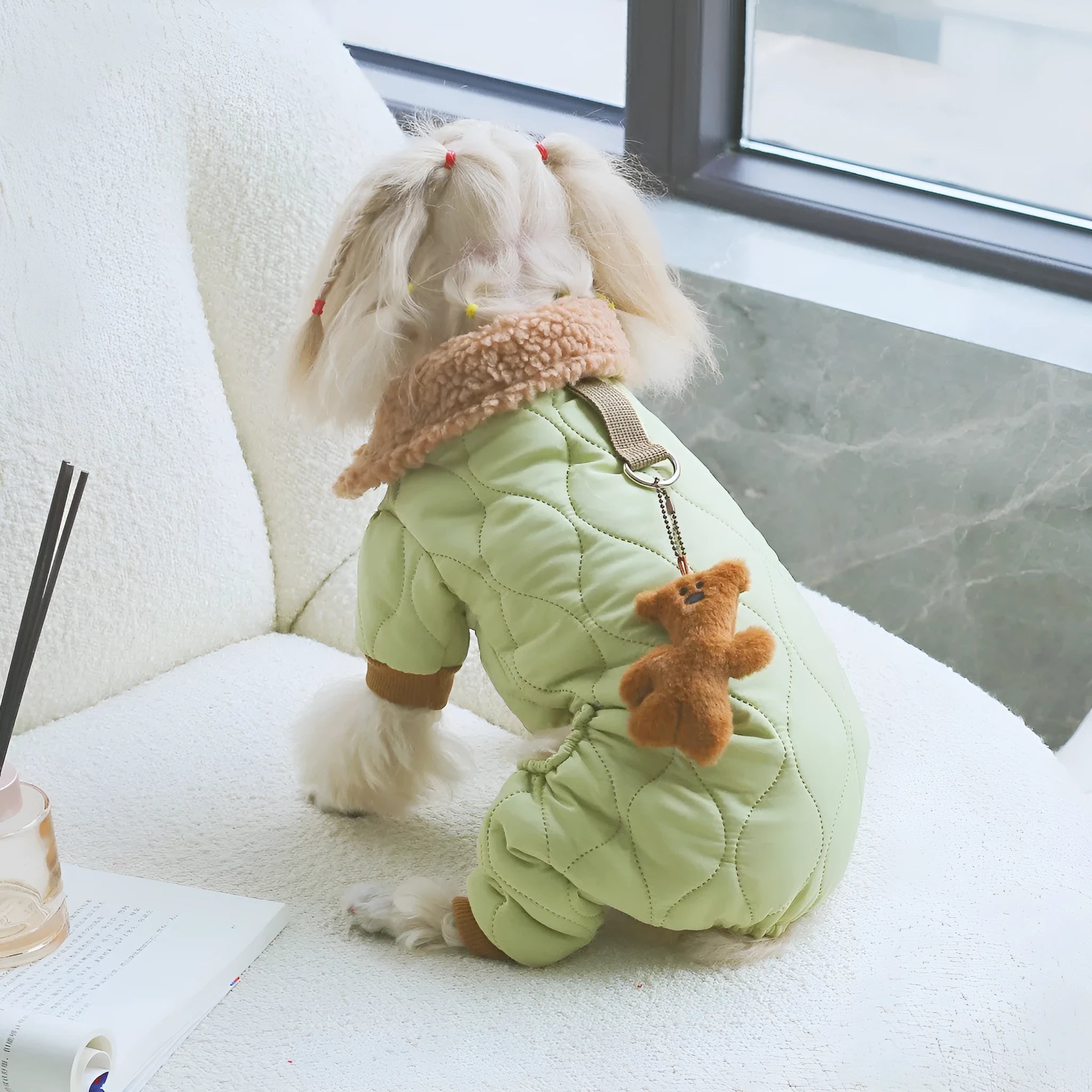 Light green cotton dog top with toy bear pendant on extra thick band, casual style