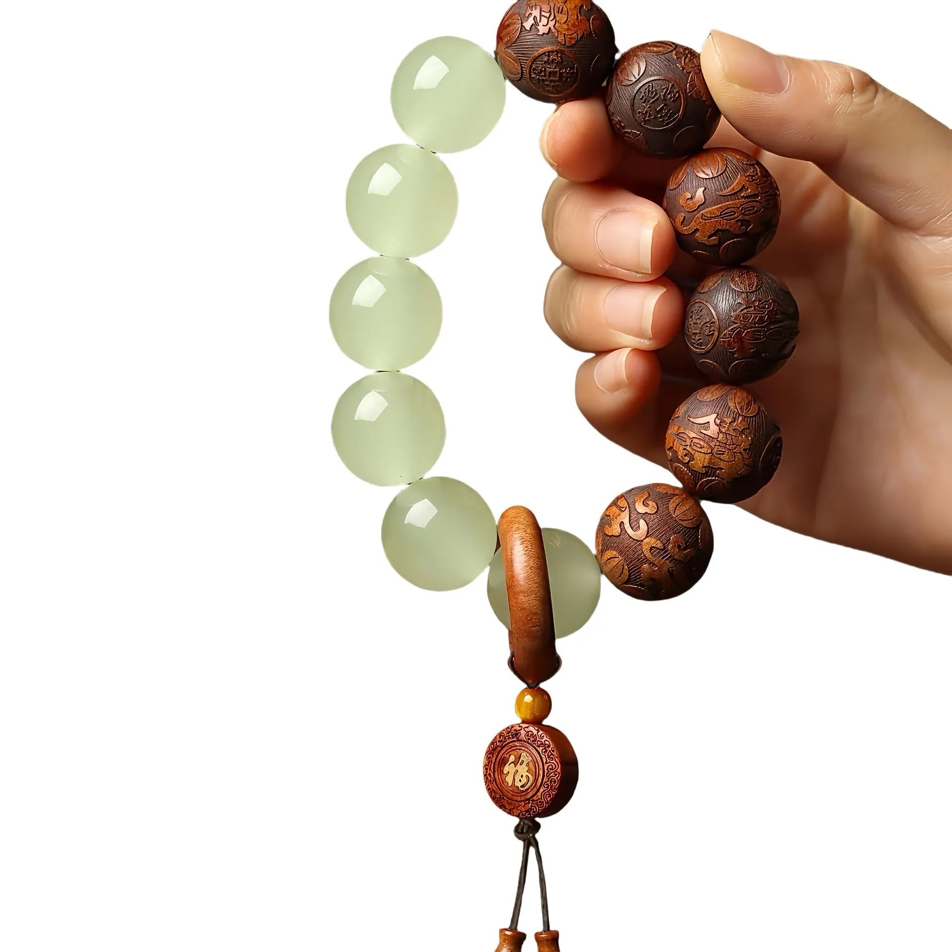 Rosewood flexible bracelet with fu character carving showing 12 wooden pieces connected by flexible cord