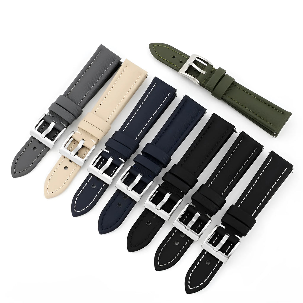 Oxford water-repellent cloth watch strap in black, available in 18mm to 22mm widths with leather fit layer.