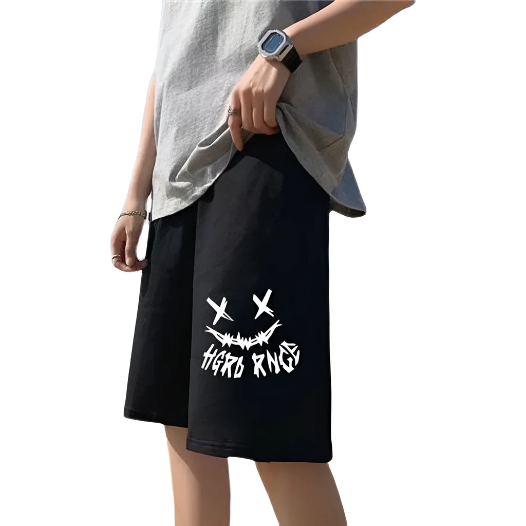 Men's loose-fit summer shorts in grey and black, straight-leg style, mid waist, polyester, sizes M to 5XL.